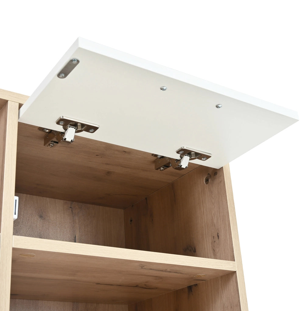 Mobile ingresso moderno con panca; 5 ganci; 4 vani aperti e illuminazione regolabile; 80x35x185 cm; bianco e naturale