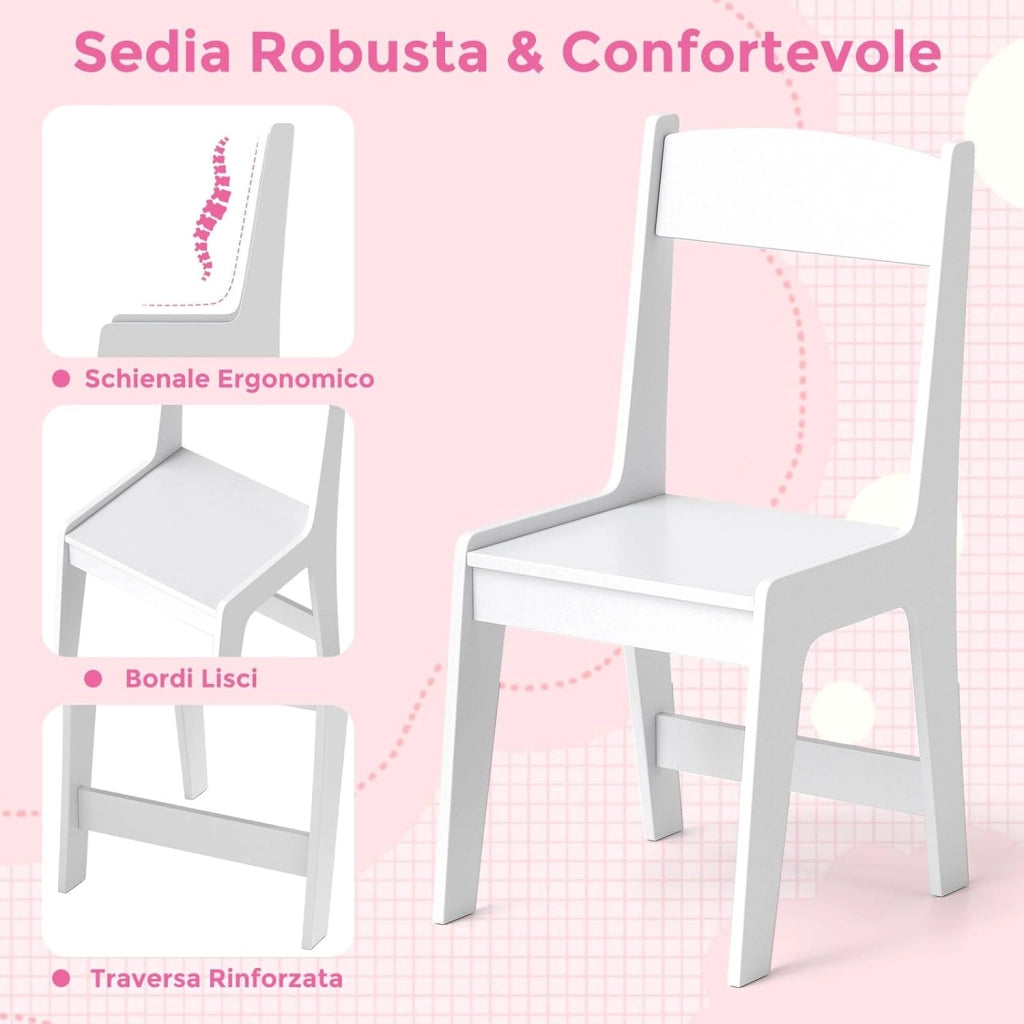 Set Scrivania e Sedia per Bambini in Legno, Tavolo e Sedia per Cameretta con Cassetto, Ripiano e Armadietto, Scrivania per Bambini Età 3+ Anni per Computer