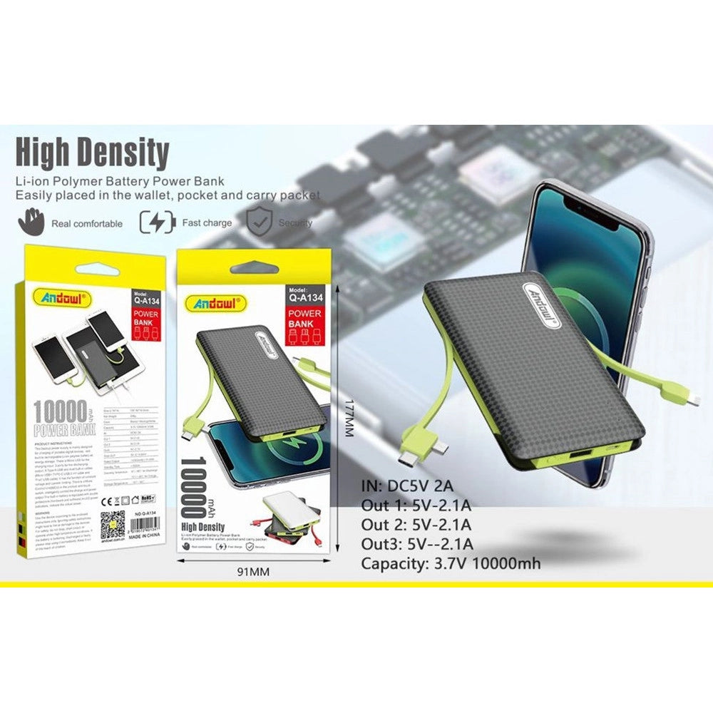 Trade Shop - Powerbank 10000mah Q-a134 2 Cavi Connettori Micro Usb Lightning Type-c Caricatore -