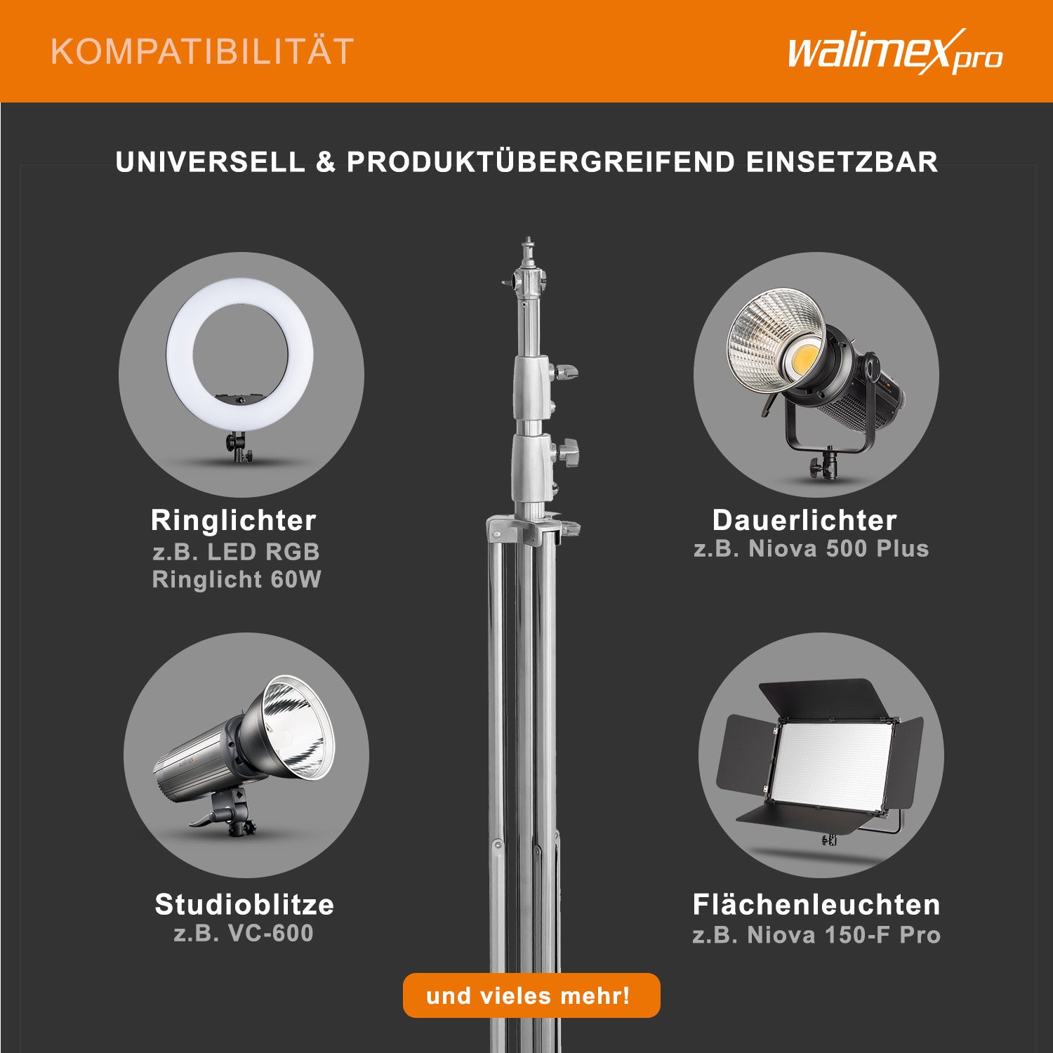 Walimex Pro Heavy Duty Stativo per luci in acciaio inox, max 15 kg, Cavalletto fotografico con altezza regolabile fino a 270 cm, spigot 1/4" e 3/8", per foto e video