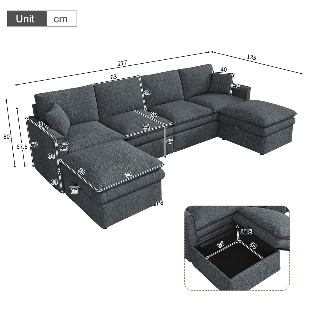 Divano modulare 6 posti a U/L con 2 pouf contenitore e USB; grigio 277x135x80 cm