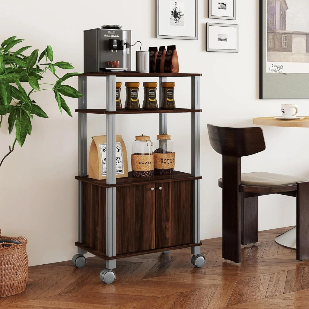 Carrello da Cucina a 3 Livelli per Microonde, Carrello Portaoggetti con Ruote e Armadio con Porta, Carrello di Servizio in Legno, Organizer per Sala da Pranzo, 60 x 40 x 98 cm (Marrone)