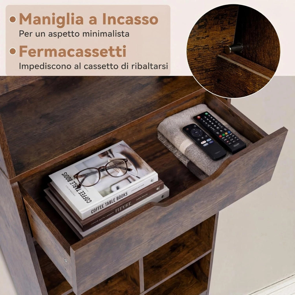 Libreria Verticale con 8 Cubi, 2 Ripiani e 1 Cassetto, Scaffale Libreria con 2 Dispositivi Antiribaltamento, Espositore Multiuso per Libri, Riviste e Dischi in Vinile, 50x24x180 cm