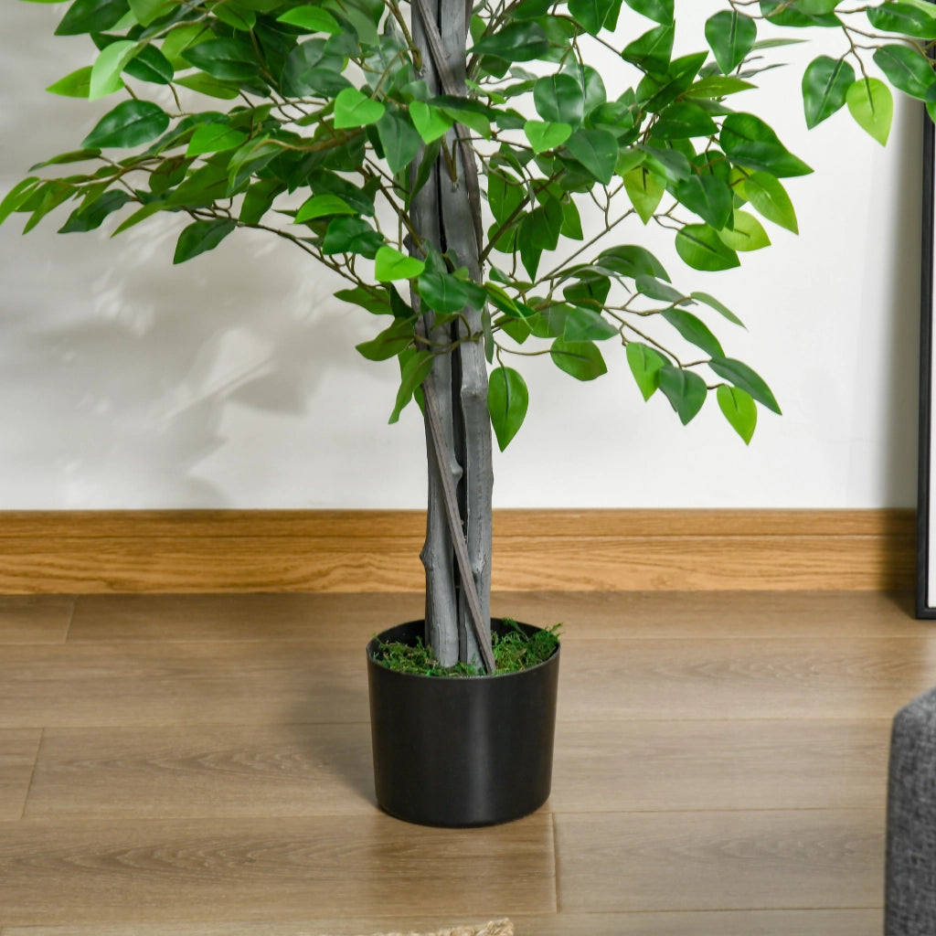 Grande albero di ficus artificiale, 135 cm, pianta artificiale, pianta di ficus artificiale in plastica in vaso, albero artificiale con cemento, erba