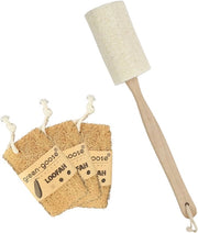 Borsetto naturale per il corpo con asta lunga e pad di loofah, spazzola per la schiena 2-in-1 esfoliante e pulente, peli di borsetto naturale, manico di cotone antiscivolo e gancio per appendere per la pulizia del corpo (34 cm con 3 pad di loofah)