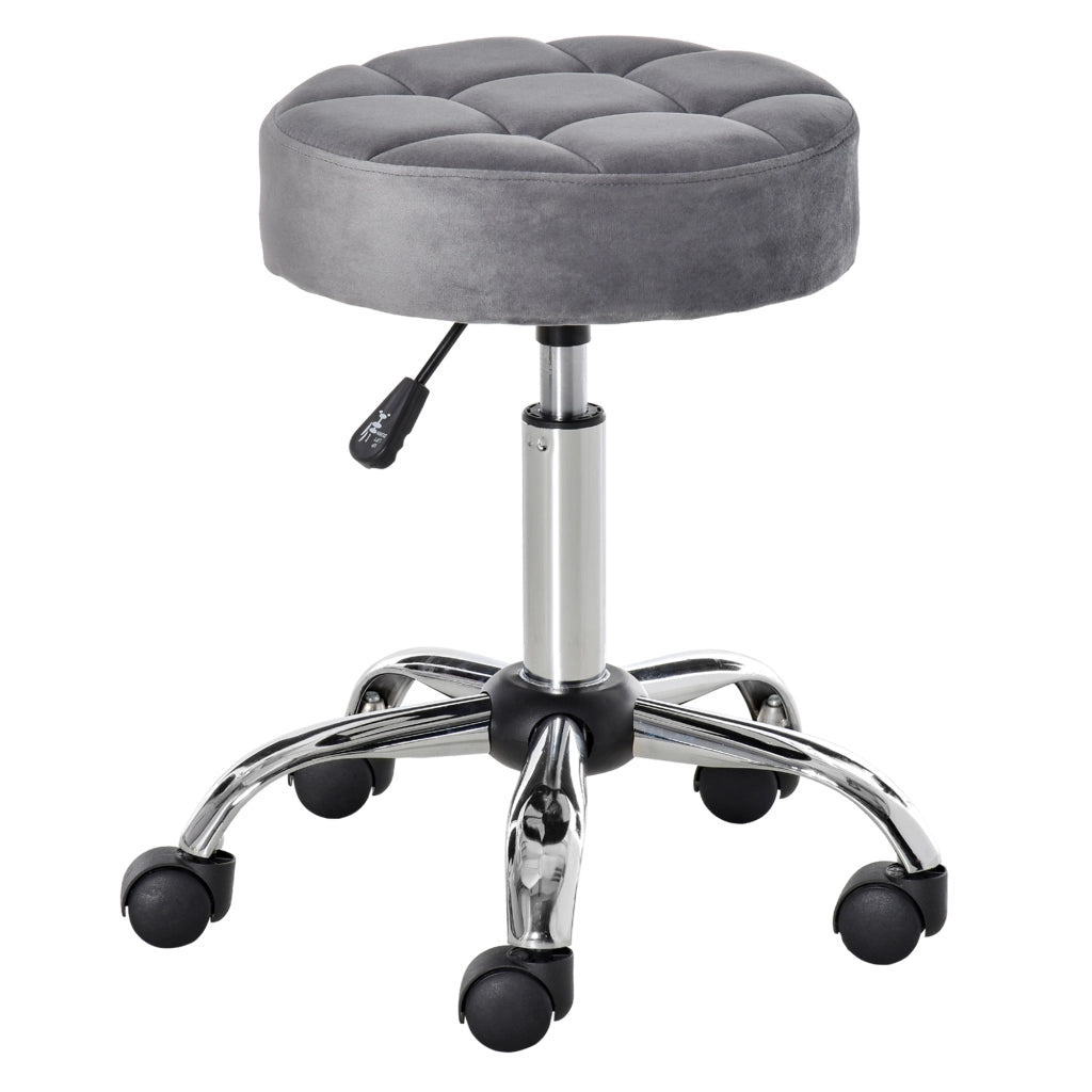 Sgabello da salone regolabile girevole con rotelle e rivestimento effetto velluto in poliestere grigio chiaro Ø35 × 49-61 cm