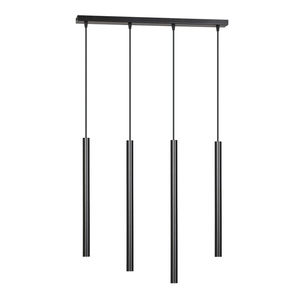 Lampadario 4 Luci Moderno Shu Acciaio Nero E Paralumi A Cilindri Sottili