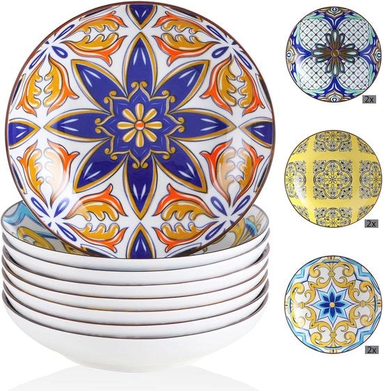 Set di Piatti a Profondità per Zuppe - 8 pezzi in Porcellana Colorata Ø 21 cm - Servizio per Zuppe e Piatti Principali