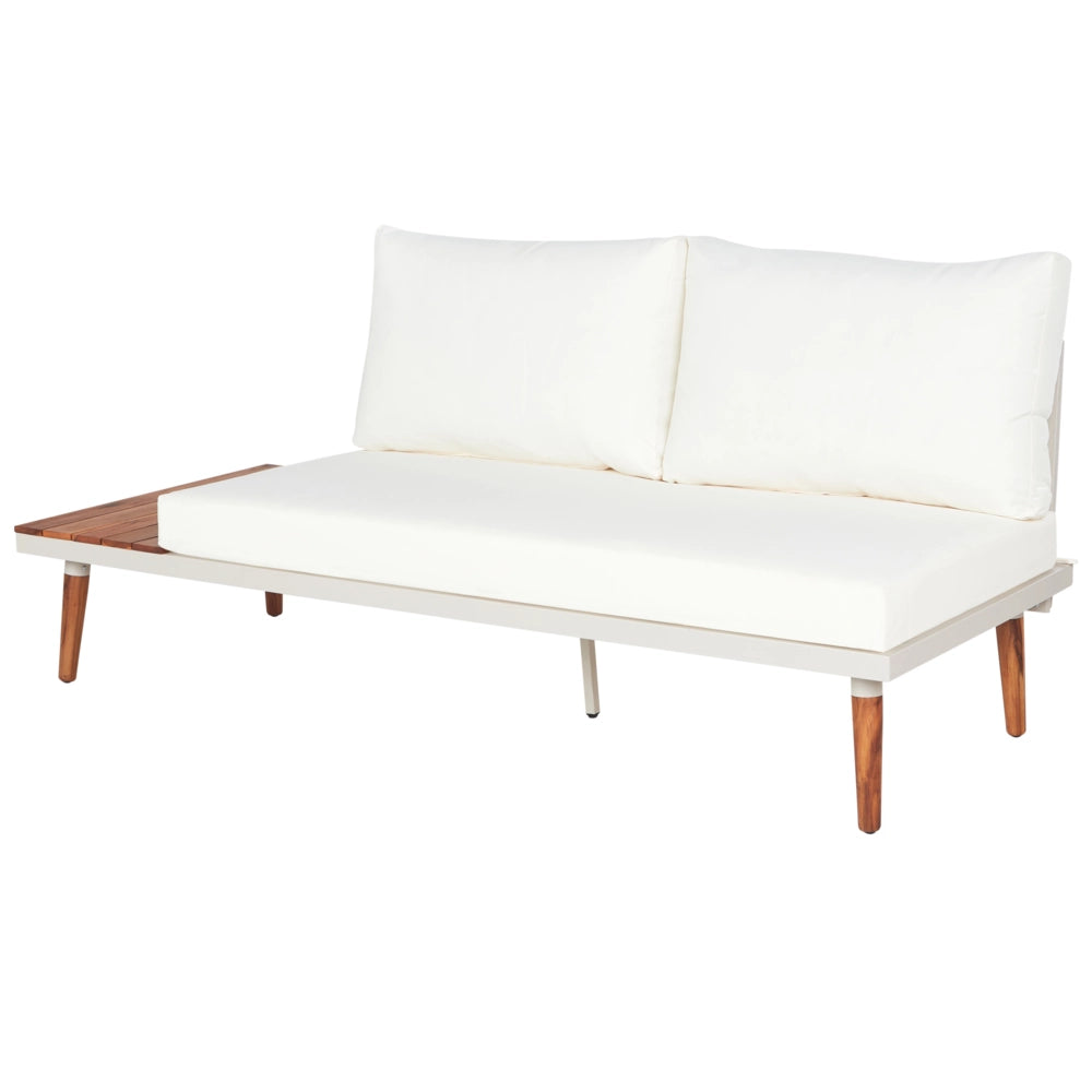 Set da giardino con divano angolare a 5 posti tavolino in legno d'acacia e cuscini bianco sporco esterno stile moderno