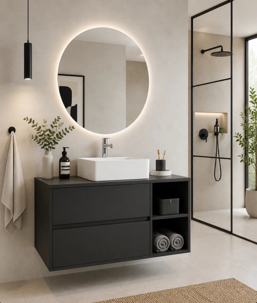 Mobile bagno con top in legno e lavabo da appoggio ORIGENBATH ZEUS senza specchio 120x45 cm 1 vasca Destra grafite