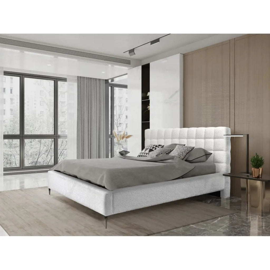 Letto MILLIO – Avorio – 160x200 cm – Tessuto chenille bouclé – Rete inclusa – Comfort da hotel 5 stelle