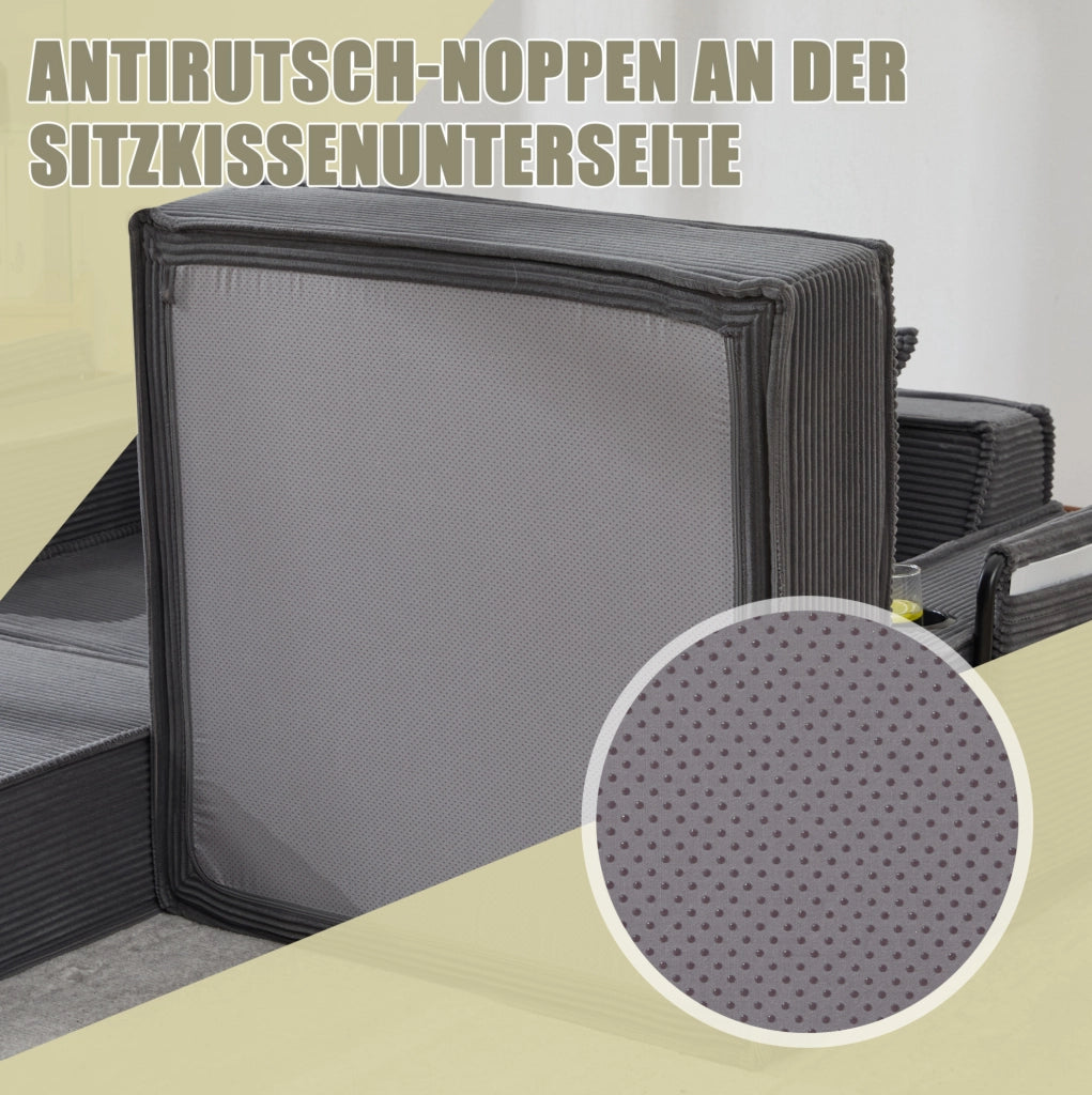 Pouf sofa modulare grigio scuro in velluto a coste con cuscini e tasche laterali