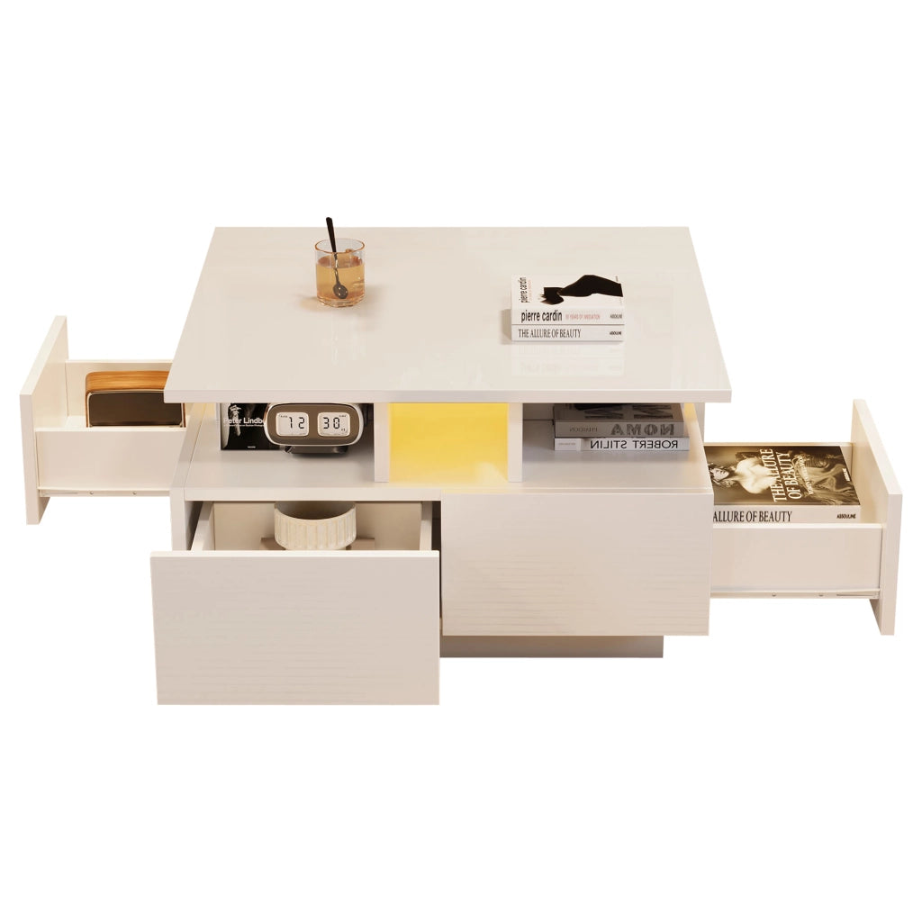 Tavolino da salotto 70x70x40 cm bianco lucido con 4 cassetti, LED controllato da app e struttura a 3 livelli