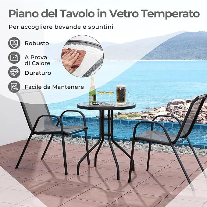 Set Mobili da Giardino 3 Pezzi, con Tavolo Rotondo in Vetro Temperato e 2 Sedie in Textilene Traspirante, per Esterno Balcone Giardino (Grigio)