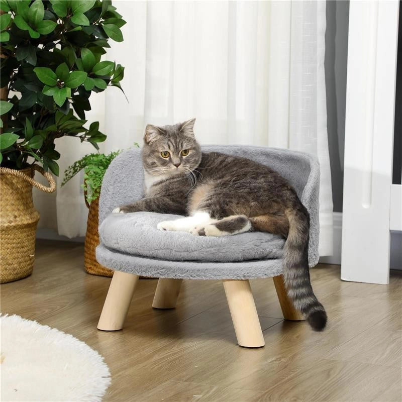 DIVANO PER CANI ROTONDO IN TESSUTO DI PELUCHE E LEGNO CON CUSCINO EXTRA, Ï40.5X33 CM, GRIGIO E COLOR LEGNO