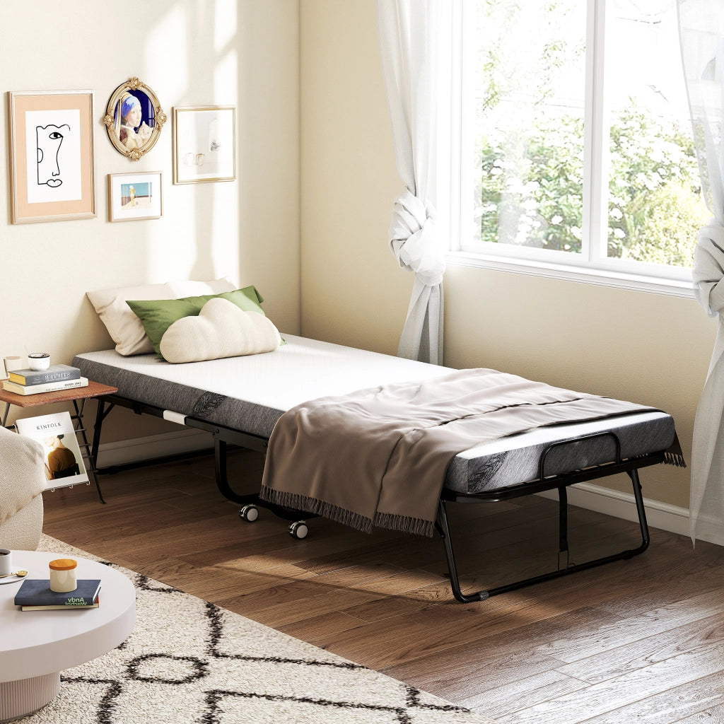 Letto Pieghevole Singolo con Materasso ¨C Xylo ¨C Metallo Nero con Ruote 90x200 cm