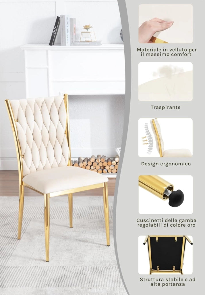 Set di 4 Sedie Sala da Pranzo in Velluto, Trasparenti Moderne di Design, Schienale Alto, Gambe in Metallo, Portata 150 kg, Beige EZS71cm-4