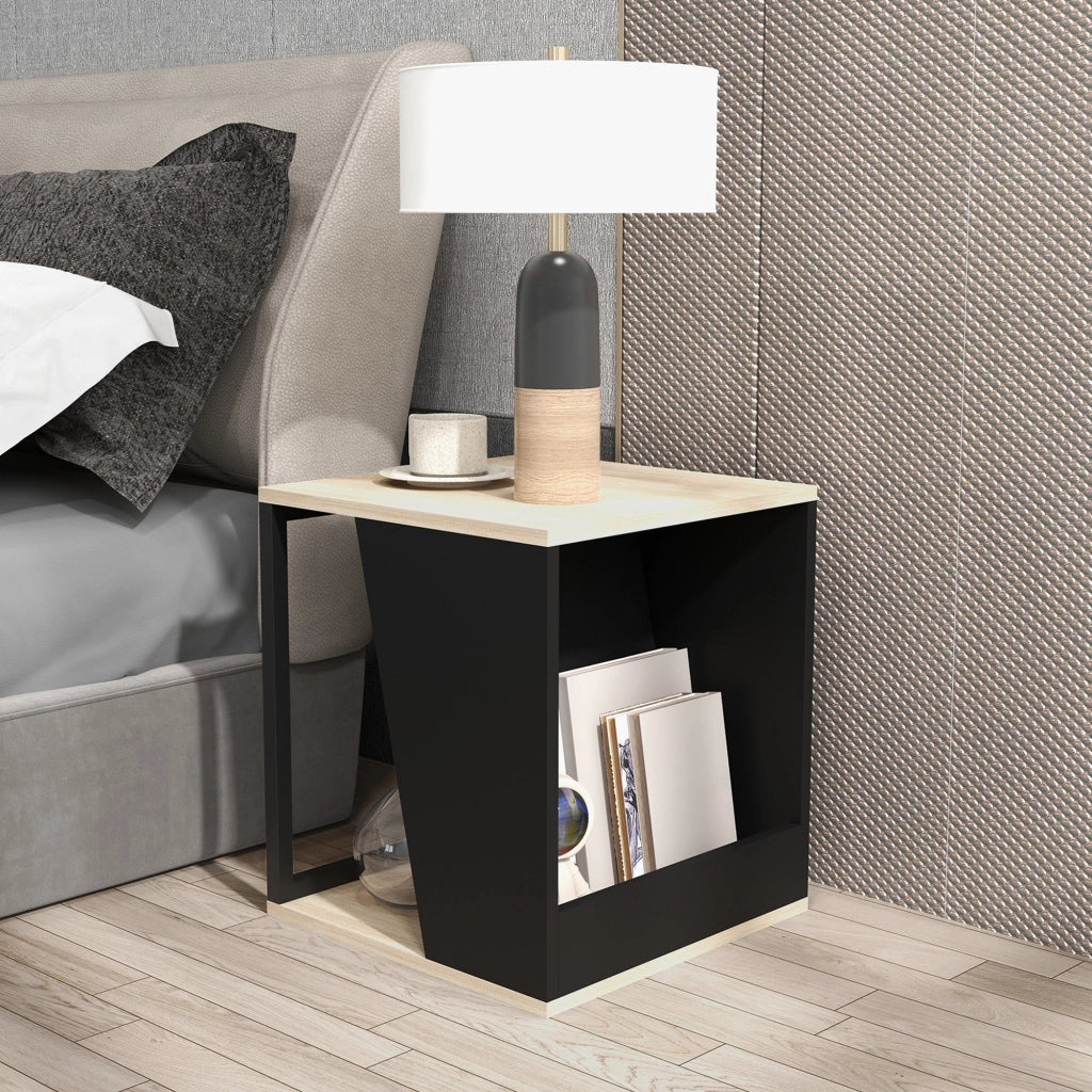 Set da 2 Tavolini da Caffè 40x40x45 cm con Vano Porta Oggetti in Truciolato e Acciaio Nero e Quercia