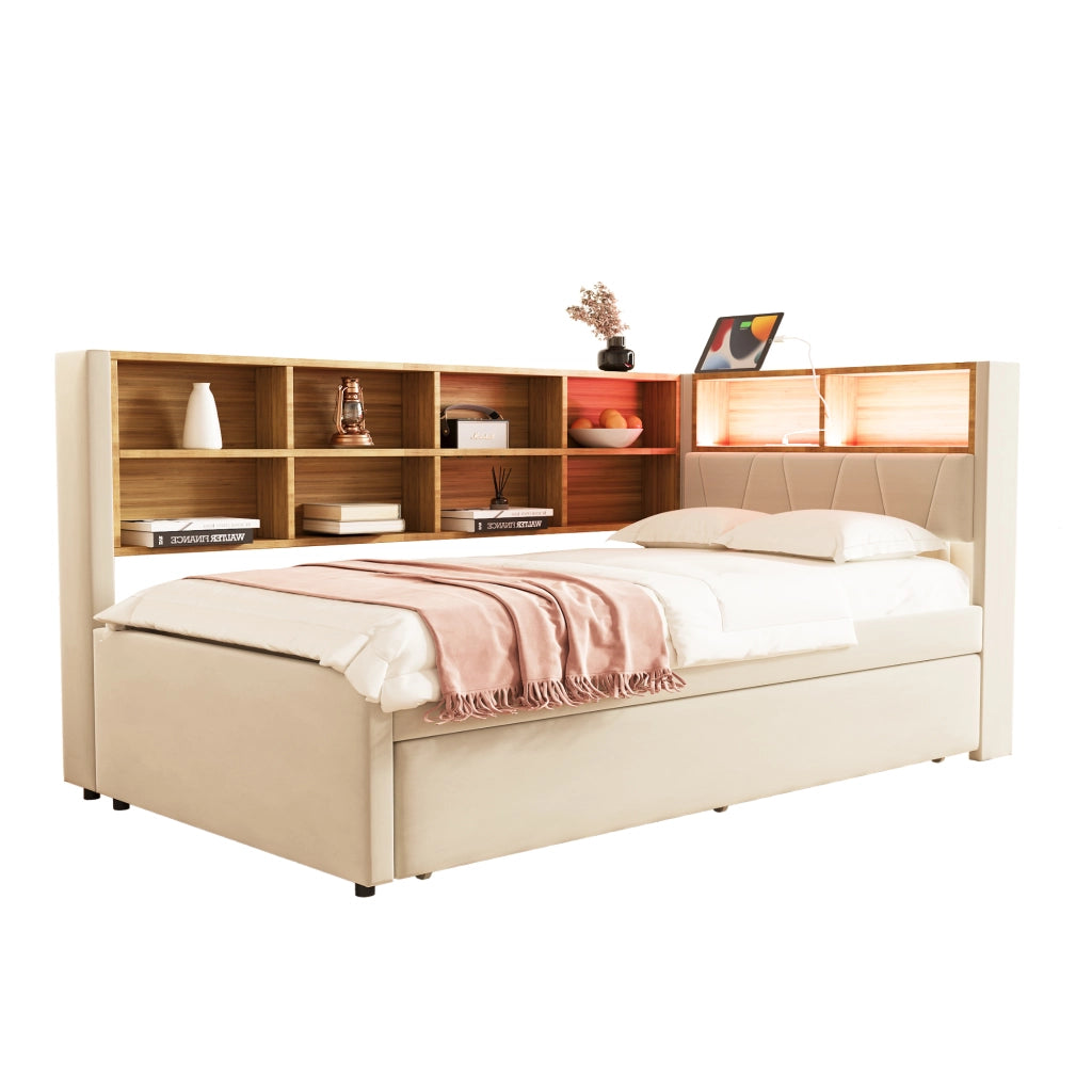 Divano letto imbottito con letto estraibile; LED; porte di ricarica e ripiani; flanella beige; 90x200 cm; senza materasso