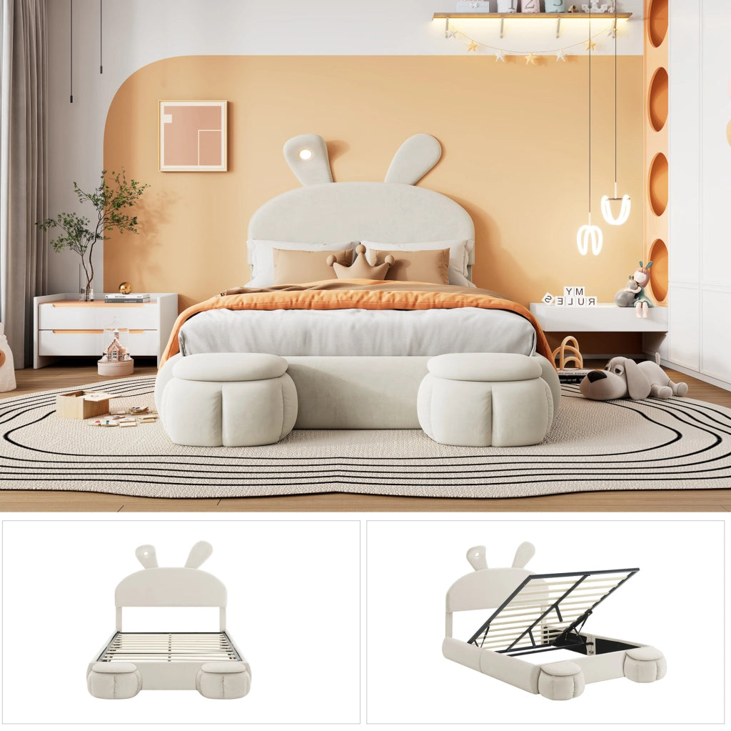 Letto imbottito con contenitore e LED, velluto beige, 140x200 cm