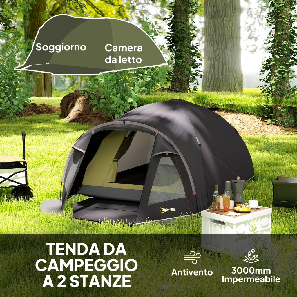 Tenda a Tunnel per 2 Persone con Finestre Laterali e Gancio, in Poliestere 190T e PE, 3.3x1.9x1.2 m, Nero