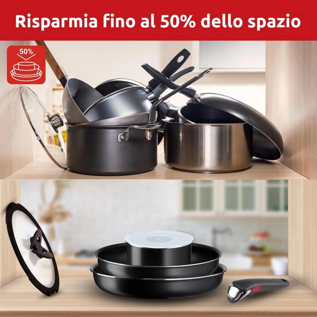 Lagostina Ingenio Essential Plus Set di Pentole, Alluminio per Gas e Forno (no induzione), 17 Pezzi, 2 Casseruole Fonde, 2 Padelle, Tegame, Wok, 5 Coperchi, 5 Proteggi Padella e Manico Removibile