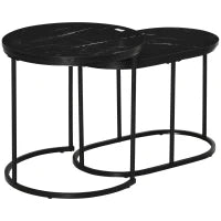 Set 2 Tavolini da Caffè con Piano Effetto Marmo, in Legno e Acciaio, Ø50x50.5 cm e 60x36x43.5 cm, Nero