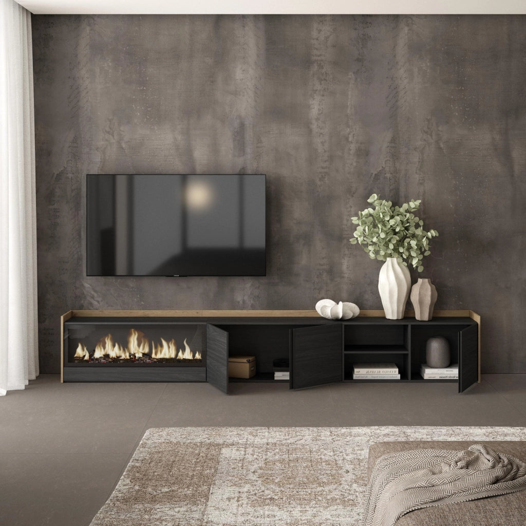 Mobile TV Soggiorno, 315x50x35 cm, Per TV fino a 80", Camino elettrico XXL, Nero e rovere