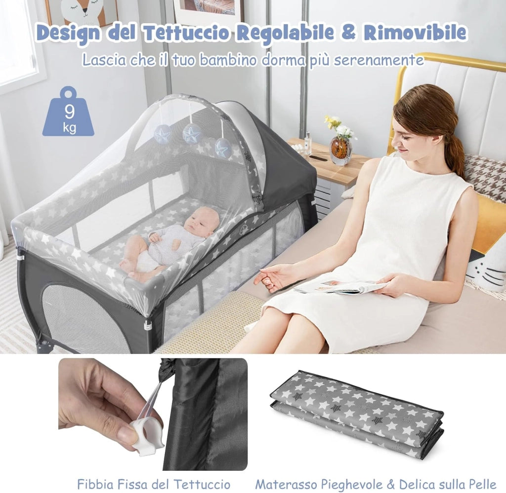 5 in 1 Lettino da Campeggio con Materasso, Lettino Neonato da Viaggio Pieghevole, Box Bambini Portatile con Borsa, Zanzariera, per Bambini 0-36 Mesi (Stella Grigia)