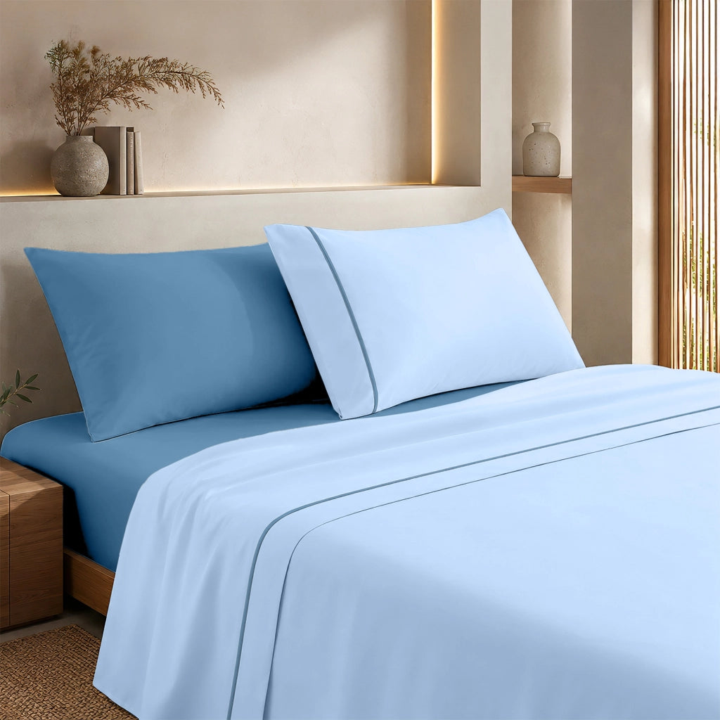 Completo Lenzuola Matrimoniale Bicolore in Tinta Unita, Cotone Certificato OEKO-TEX, Set 4 Pezzi con Lenzuolo Sopra, Sotto con Angoli e 2 Federe  Azzurro-Blu