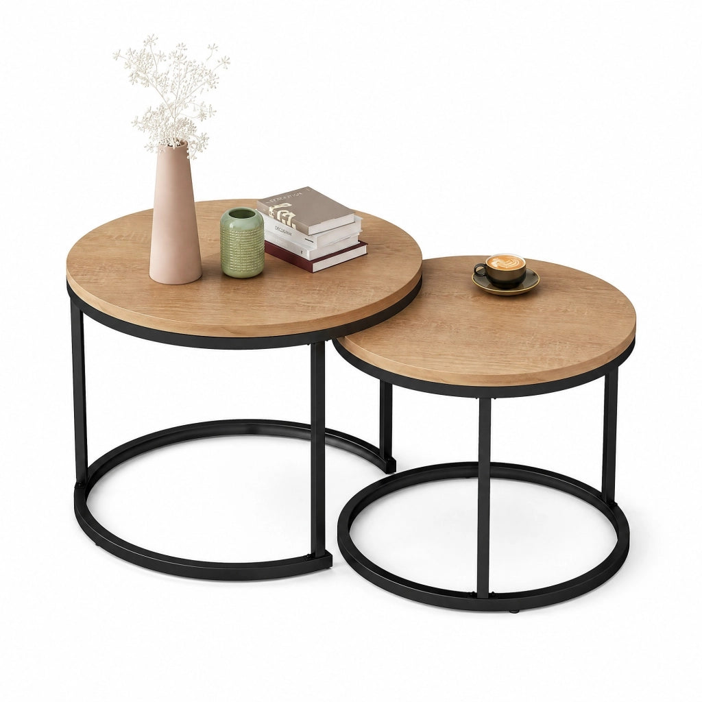 Set 2 tavolini da salotto rotondi impilabili in MDF effetto rovere con struttura in metallo