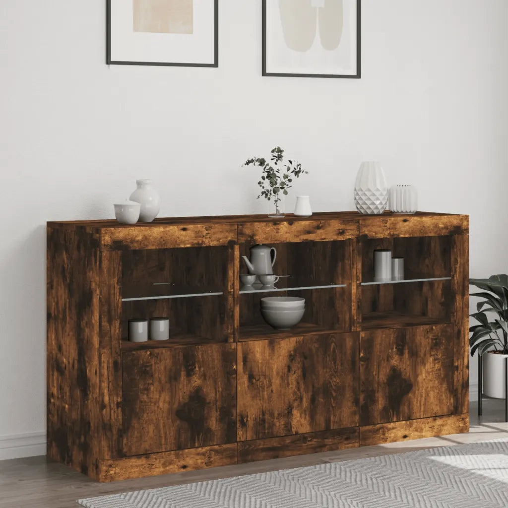 Credenza | Madia | Buffet da pranzo | Armadio da pranzo con Luci LED Rovere Fumo 123x37x67 cm
