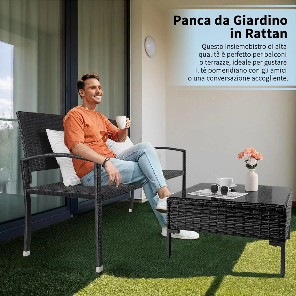 Panca da Giardino in Rattan, Resistente Alle Intemperie, Panca da Balcone a 2 Posti, 122x60x85 cm, Rattan Monofacciale, Sedia da Giardino per Esterno, Terrazze e Balcone, Nero