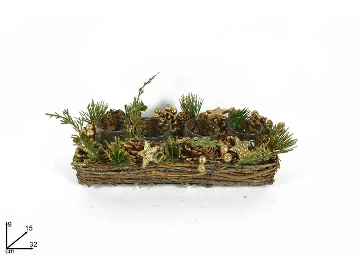Portacandela Decorativa Natalizia Legno Oro 4 Posti 32 cm