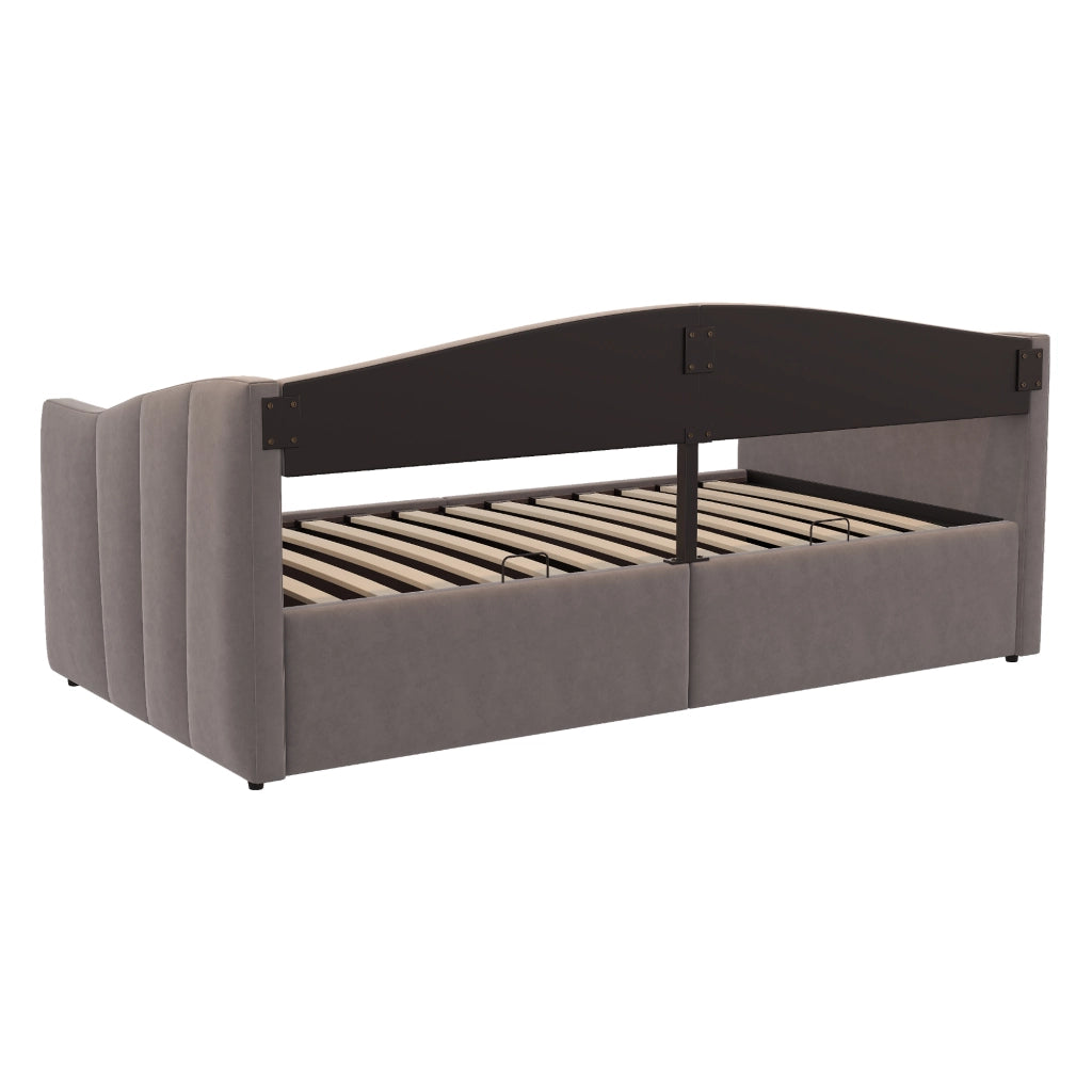 OKWISH Letto Divano 90×200 cm, Letto Singolo con Contenitore Idraulico, Testiera e Braccioli, senza Materasso, in Velluto, Grigio