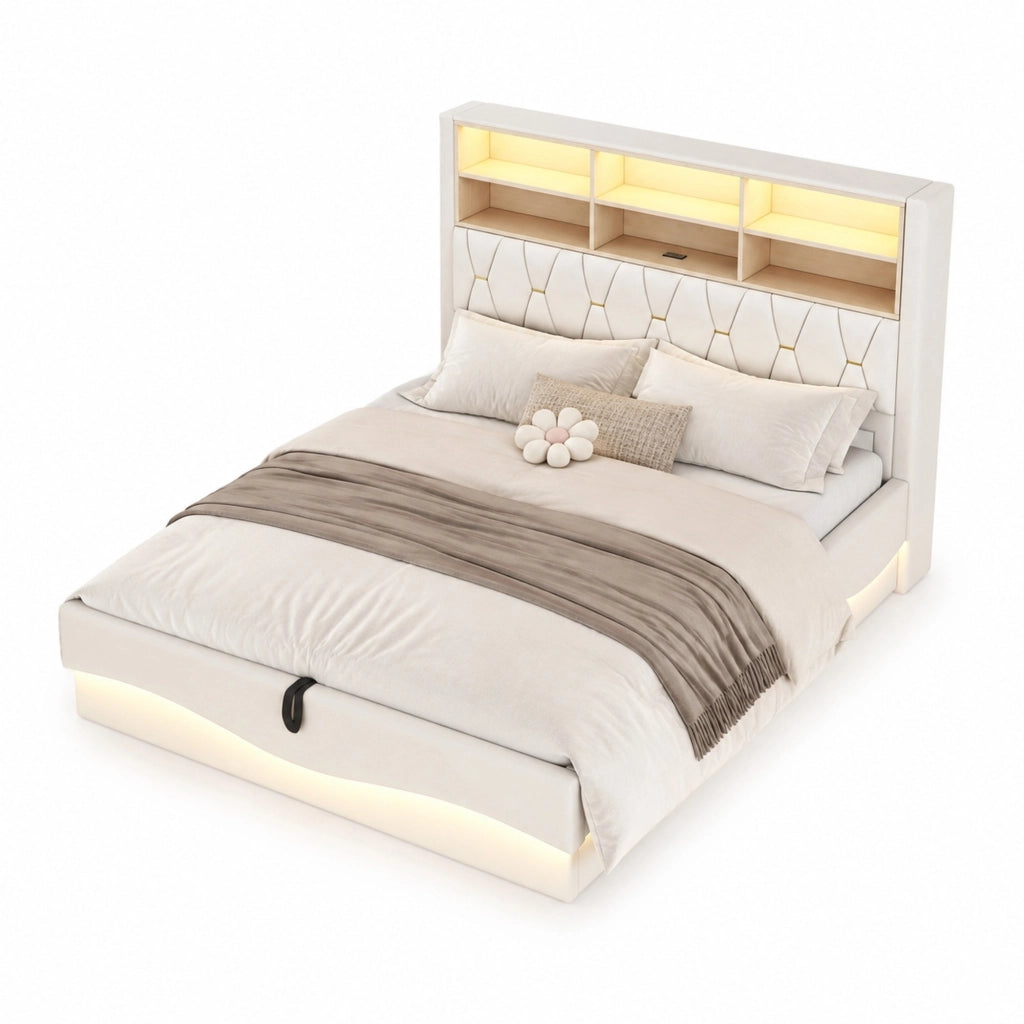 Letto matrimoniale 180x200 cm con contenitore; LED controllabile via app; USB e rivestimento in lino beige