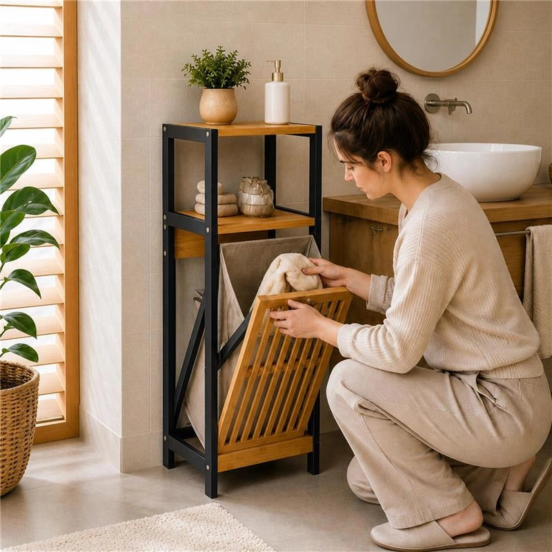 MOBILE DA BAGNO IN LEGNO CON ANTA, RIPIANO IN BAMBOO E PORTABIANCHERIA IN TESSUTO - COLORE NERO DIMENSIONI 36X33X98 CM