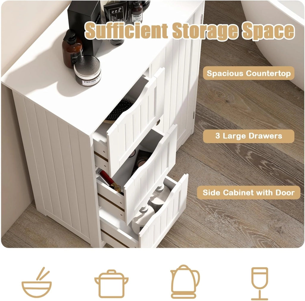 Armadietto da bagno con ripiano regolabile, in legno, 60 x 30 x 81 cm, con 3 cassetti e 1 porta, per soggiorno, cucina, corridoio (bianco)