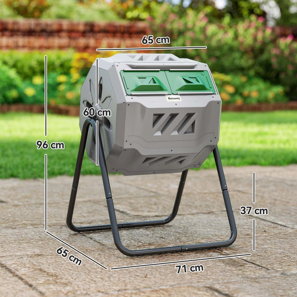 Compostiera da Giardino Girevole a 2 Sezioni con 8 Prese d'Aria, in Acciaio e PP, 71x65x96 cm, Grigio