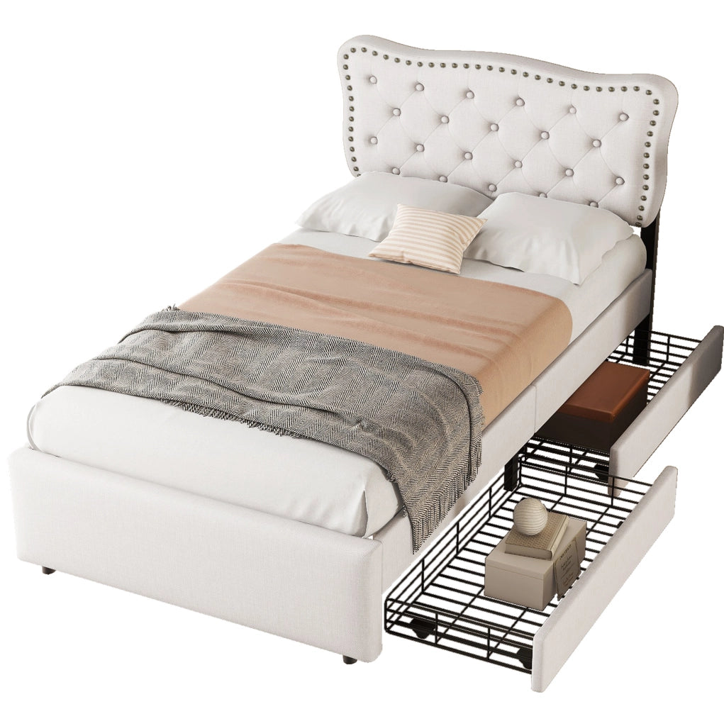 Letto imbottito 90 x 200 cm con cassetti e testiera regolabile