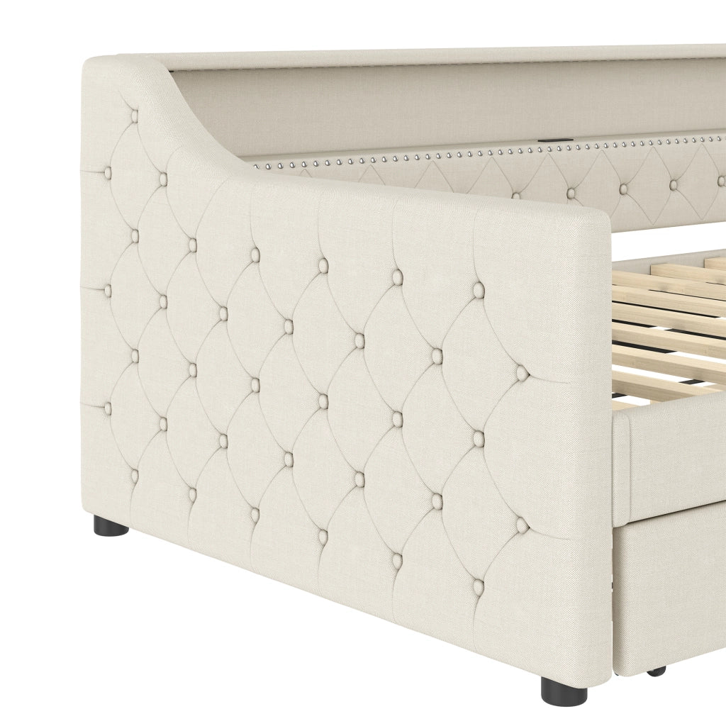 DESMIU Divano letto 90 × 200 cm 1 posto con letto estraibile, LED e USB, senza materasso, in lino, beige