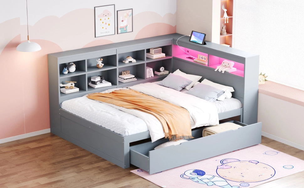 DESMIU Letto matrimoniale 140 × 200 cm 2 posti con USB, LED, ripiani e vani, senza materasso, in legno, grigio