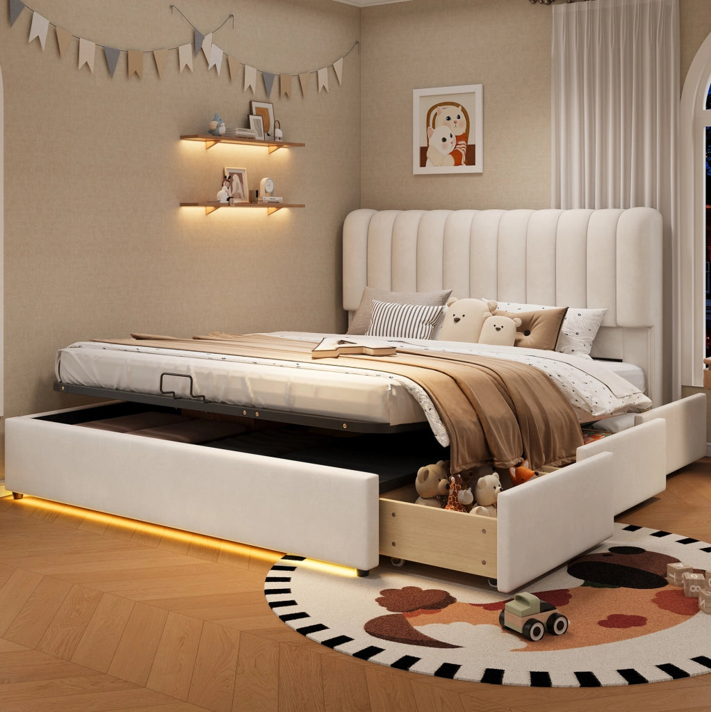Letto 140x200 cm con contenitore idraulico; 3 cassetti e LED in velluto beige