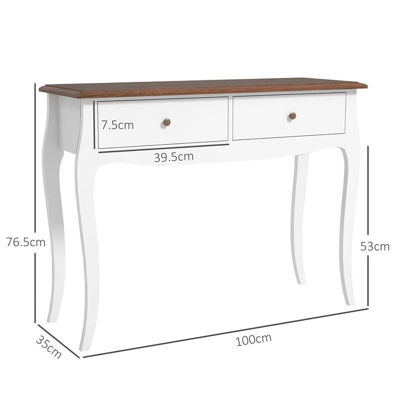 TAVOLO CONSOLLE MODERNO CON 2 CASSETTI IN LEGNO, 100X35X76.5 CM, BIANCO E MARRONE SCURO