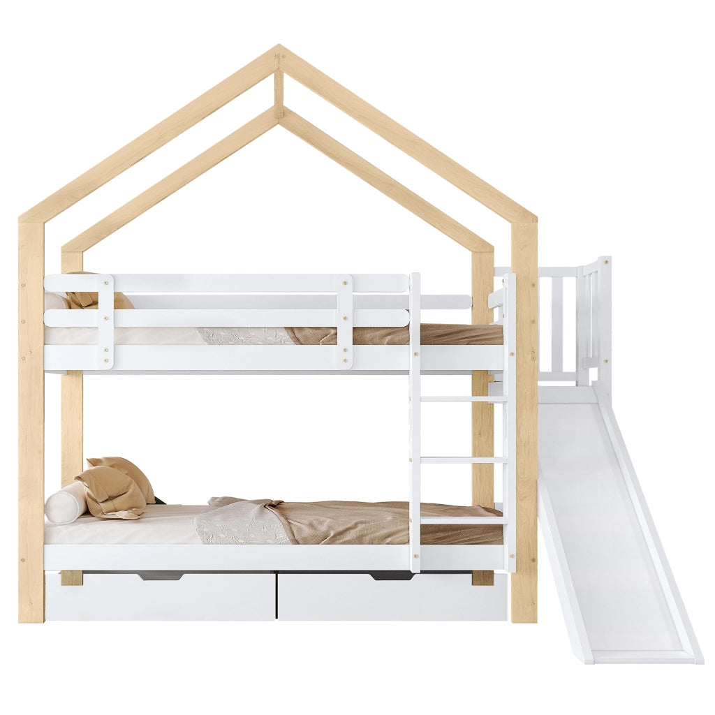 Letto a castello a casetta con scivolo e scaletta; 90x200 cm; bianco e naturale