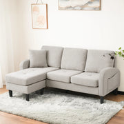 Divano angolare reversibile 3 posti con chaise longue modulare e cuscino, in cotone e lino beige grigio e bianco