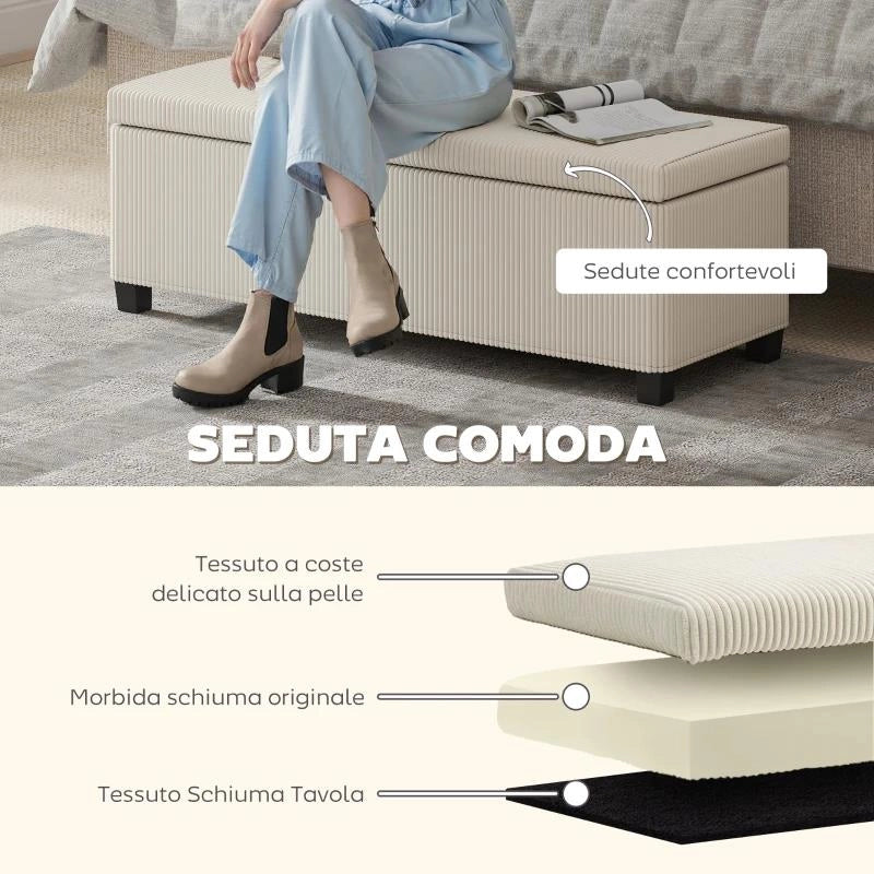 PANCA FONDO LETTO CON SPAZIO CONTENITORE DA 84L, IN TESSUTO EFFETTO VELLUTO A COSTE E ACCIAIO, 112X42X40 CM, BEIGE