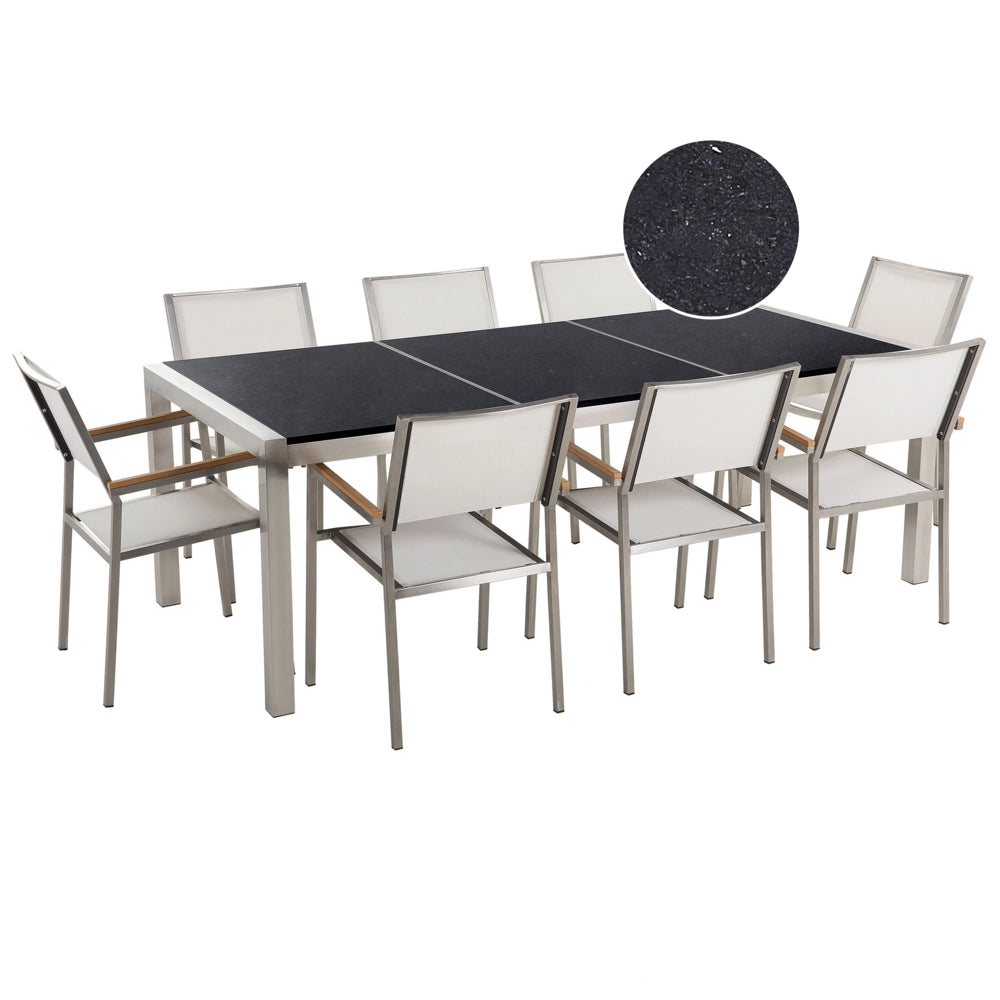 Set da pranzo da giardino bianco con piano in granito Nero 8 posti 220 x 100 cm piastra tripla