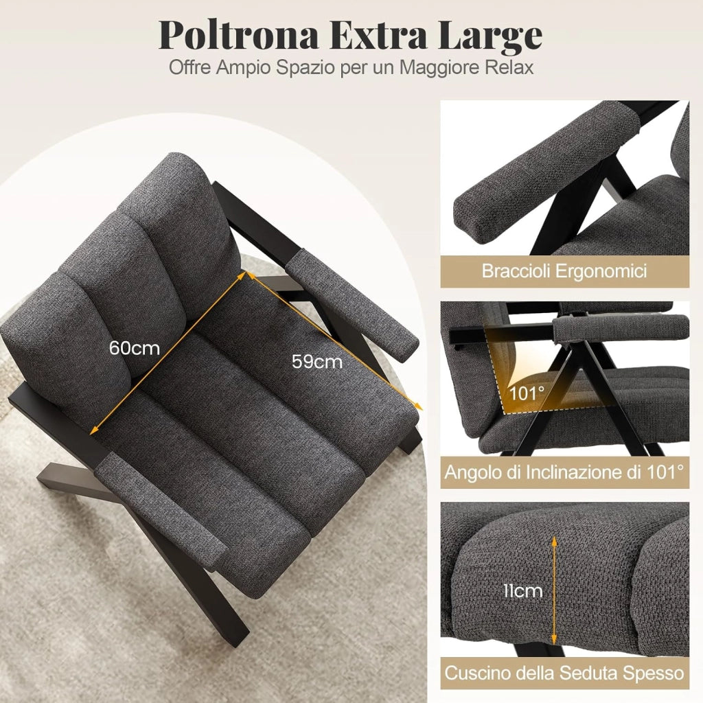 Poltrona da Salotto, Sedia Ergonomica con Struttura in Metallo, Braccioli e 4 Piedini Regolabili, Sofa Imbottita Relax Moderna per Soggiorno e Camera da Letto, Portata 150 kg (Grigio)