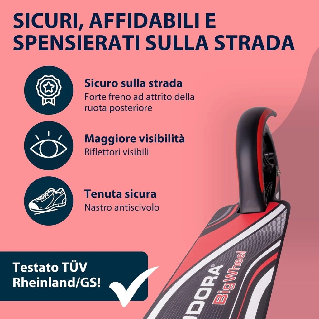 HUDORA Monopattino BigWheel 205 - in alluminio resistente - Monopattino pieghevole regolabile con cavalletto - sportivo per bambini e adulti fino a 100 kg - nero/rosso